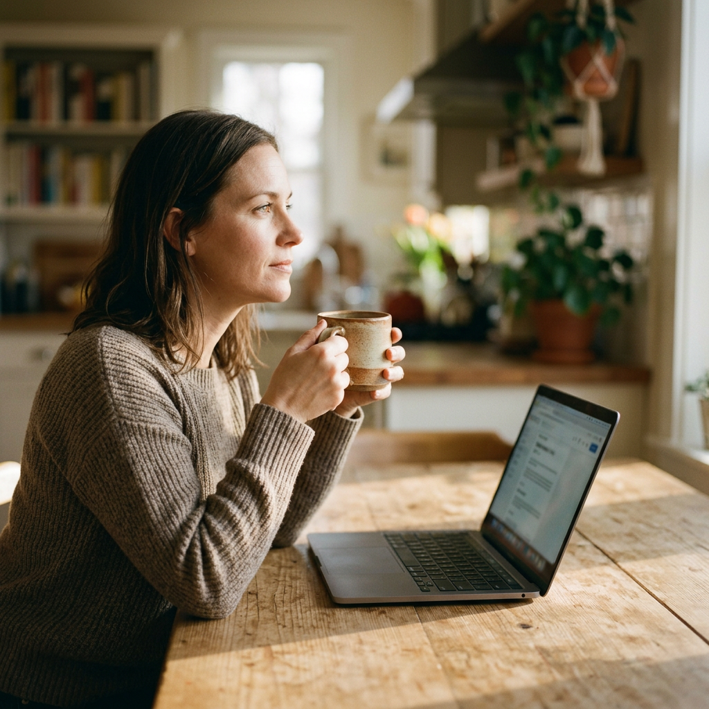 A woman in her early 40s resting by a window in soft morning light
